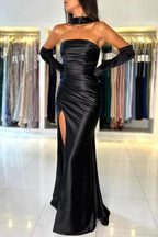 Simple Long Black Mermaid Strapless Satin Prom Dress with Slit by misshow.com