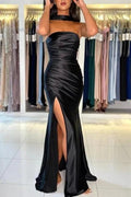 Simple Long Black Mermaid Strapless Satin Prom Dress with Slit by misshow.com