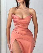 Simple Long Mermaid Sexy High Split Satin Sleeveless Prom Dress by misshow.com