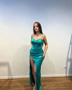 Simple Long Mermaid Spaghetti Straps V-neck Sleeveless Prom Dress With Slit by misshow.com