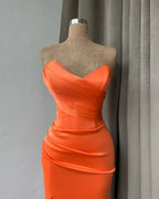Simple Long Orange Mermaid Strapless Satin Prom Dress With Slit by misshow.com