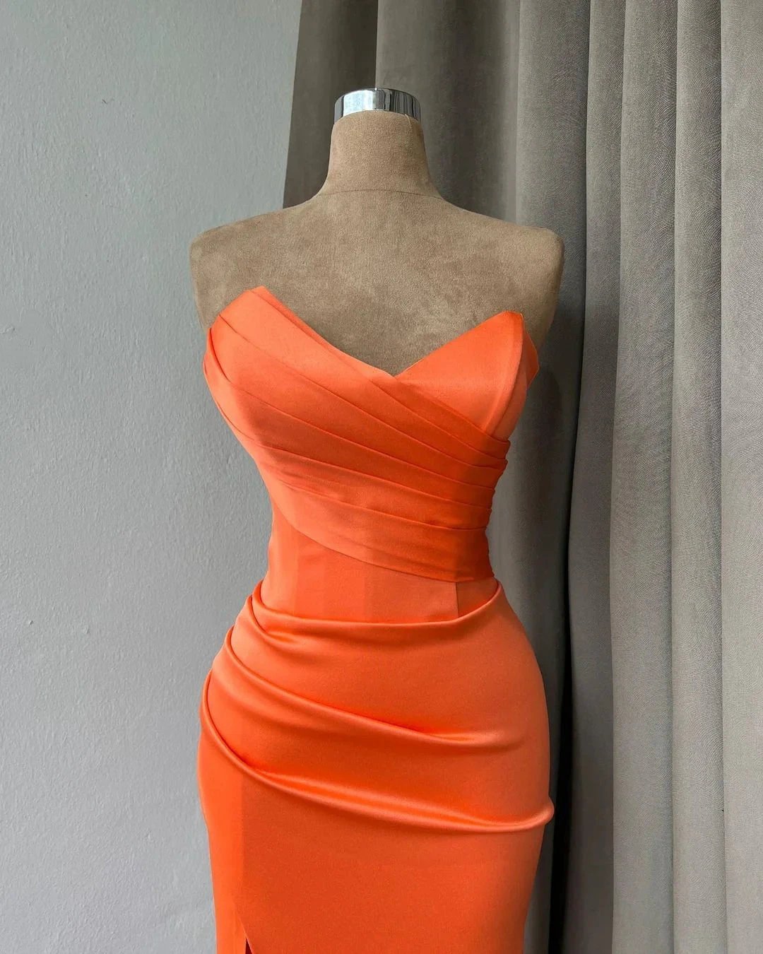 Simple Long Orange Mermaid Strapless Satin Prom Dress With Slit by misshow.com
