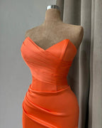 Simple Long Orange Mermaid Strapless Satin Prom Dress With Slit by misshow.com