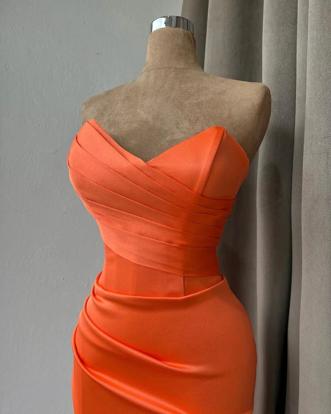 Simple Long Orange Mermaid Strapless Satin Prom Dress With Slit by misshow.com