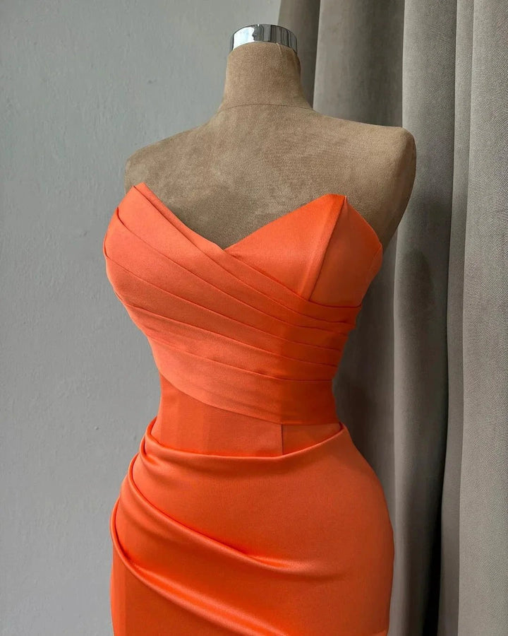 Simple Long Orange Mermaid Strapless Satin Prom Dress With Slit by misshow.com