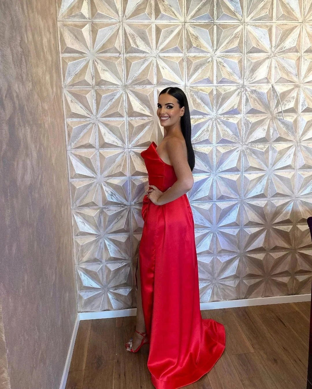 Simple Long Red A-line Satin Sleeveless Floor Length Prom Dress With Slit by misshow.com