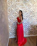 Simple Long Red A-line Satin Sleeveless Floor Length Prom Dress With Slit by misshow.com