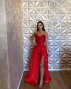 Simple Long Red A-line Satin Sleeveless Floor Length Prom Dress With Slit by misshow.com