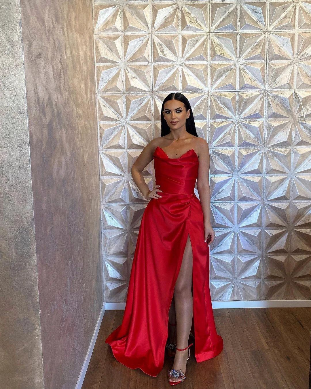 Simple Long Red A-line Satin Sleeveless Floor Length Prom Dress With Slit by misshow.com