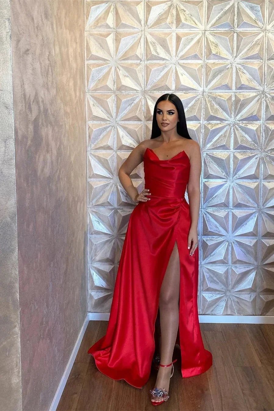 Simple Long Red A-line Satin Sleeveless Floor Length Prom Dress With Slit by misshow.com