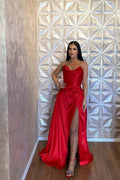 Simple Long Red A-line Satin Sleeveless Floor Length Prom Dress With Slit by misshow.com