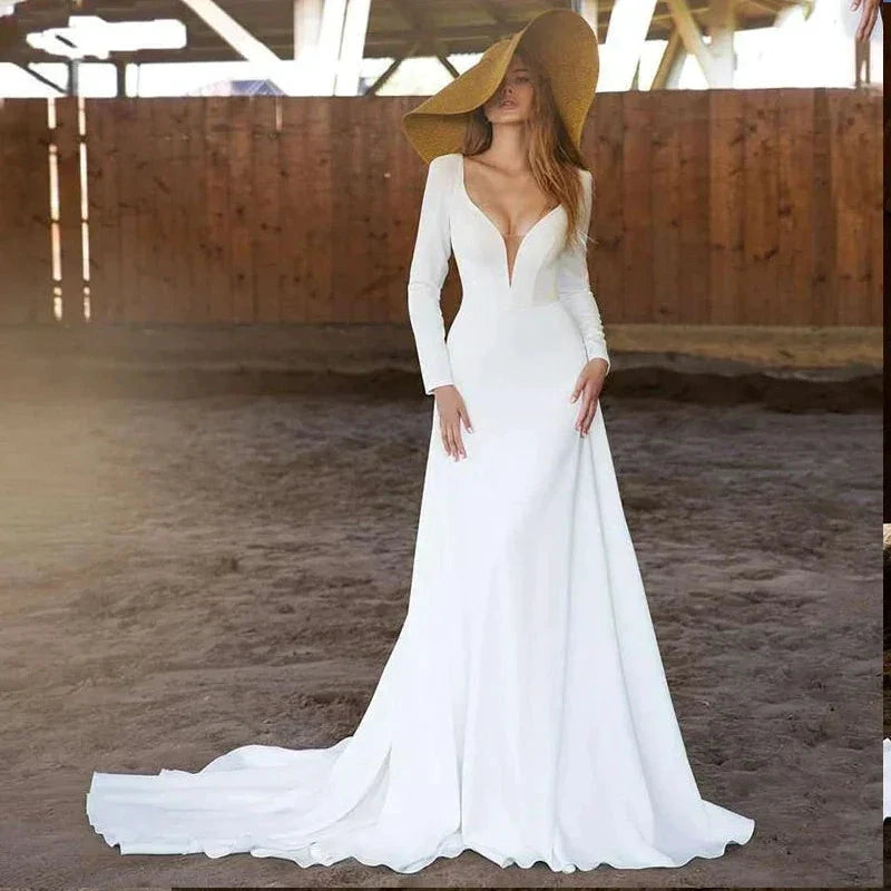Simple Long Sleeves Wedding Dresses 2024 Sexy Deep V Neck Bridal Gown Backless Sweep Train Civil Robe De Mariee Country Marriage by payinti