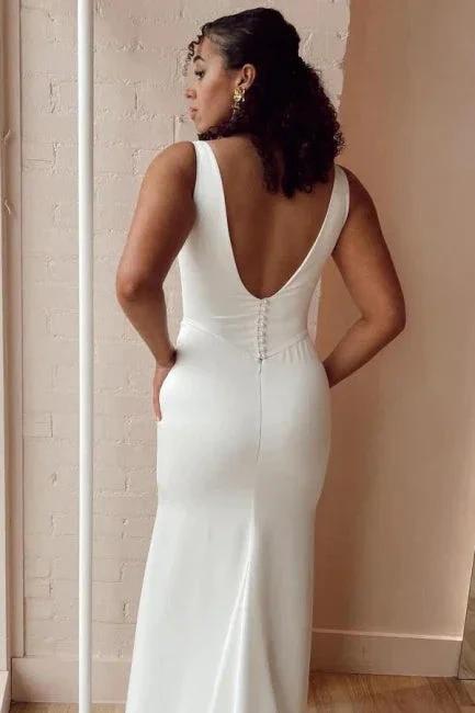 Simple Long White Mermaid Satin Sleeveless Wedding Dresses with Slit by misshow.com