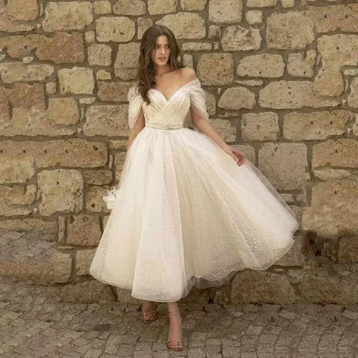 Simple Short Beach Wedding Dress 2022 V Neck Off Shouler Custom Made Bridal Gowns A Line Tea Length Backless Vestidos De Novia by payinti