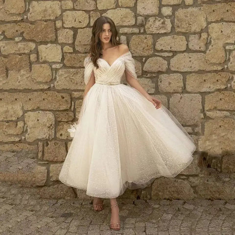 Simple Short Beach Wedding Dress 2022 V Neck Off Shouler Custom Made Bridal Gowns A Line Tea Length Backless  Vestidos De Novia