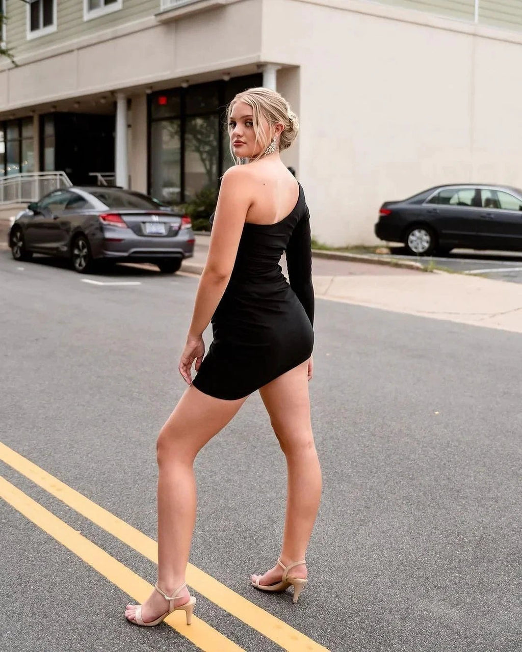 Simple Short Black One Shoulder Long Sleeve Sexy Satin Homecoming Dress by misshow.com