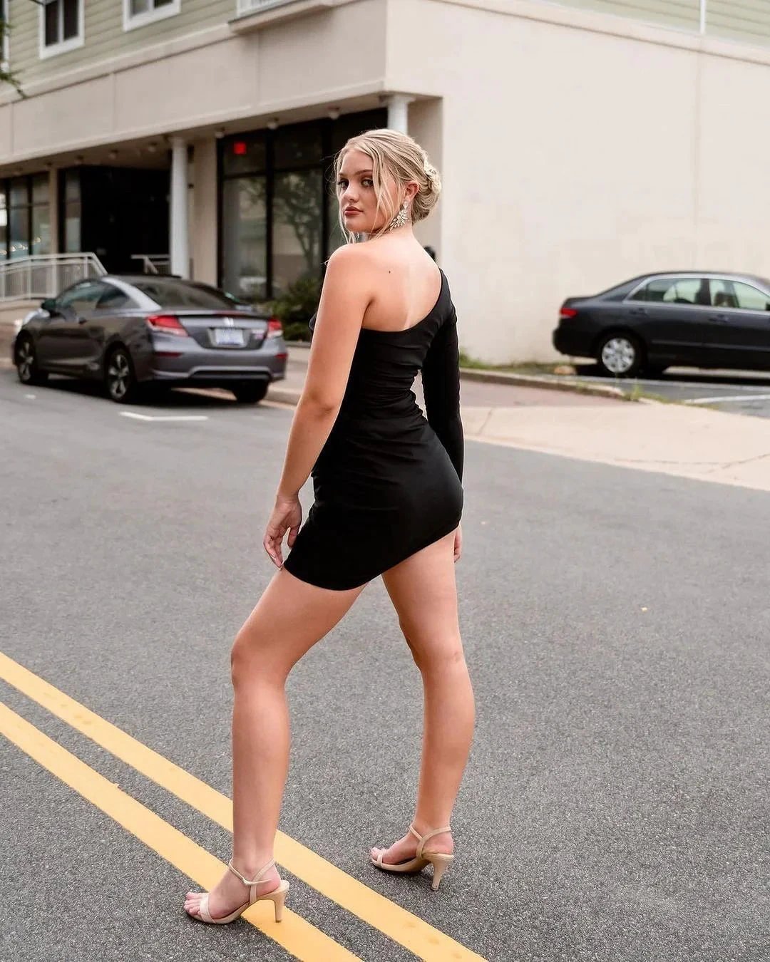 Simple Short Black One Shoulder Long Sleeve Sexy Satin Homecoming Dress by misshow.com