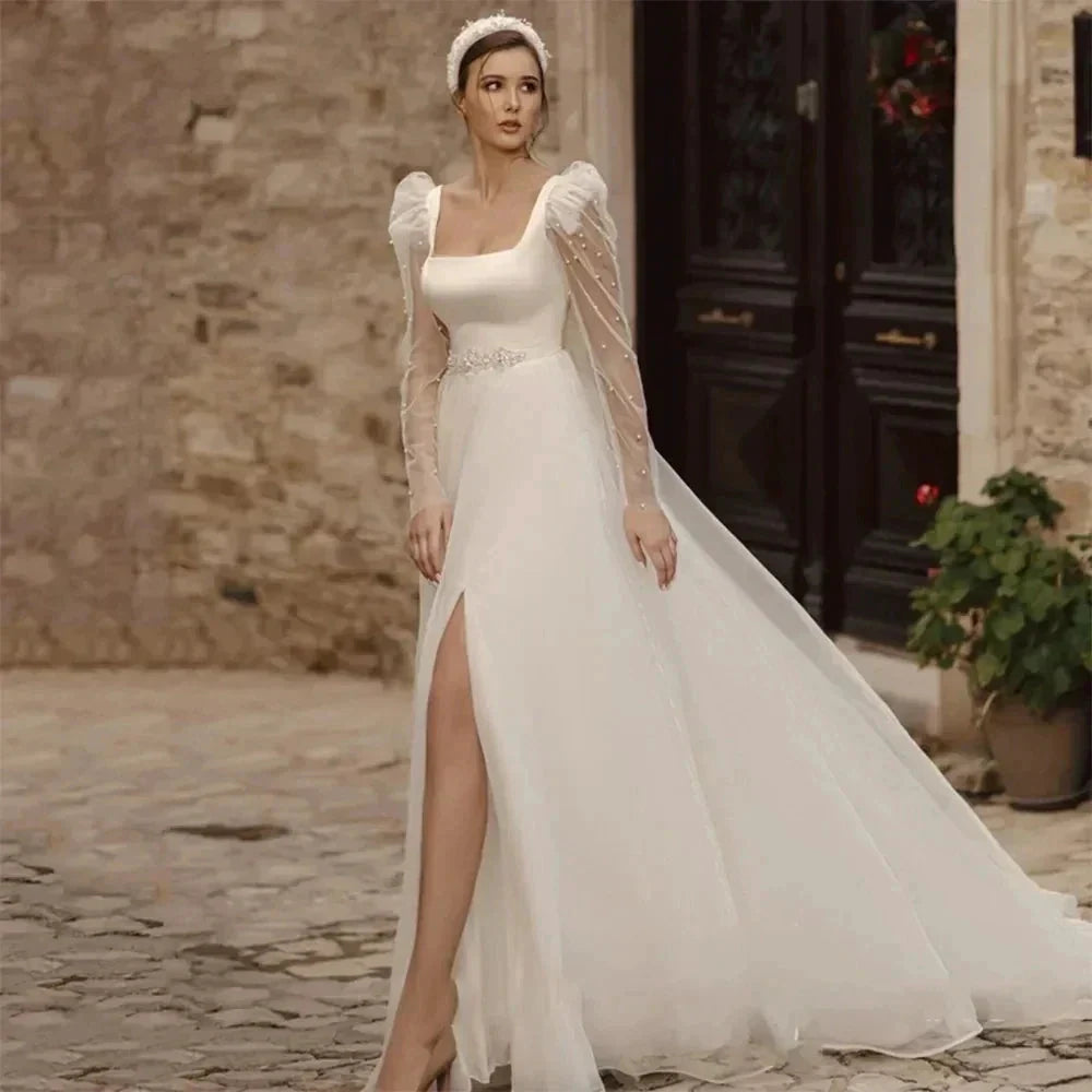 Simple Wedding Dresses A Line Long Illusion Sleeve Fuffy Tulle Ball Gowns Woman's Formal Bride Beach Party Vestidos Para Mujer by payinti