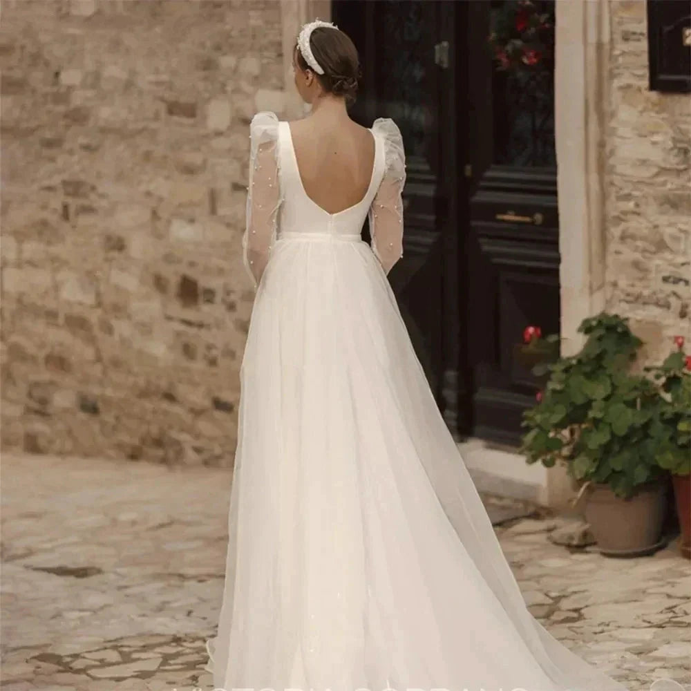 Simple Wedding Dresses A Line Long Illusion Sleeve Fuffy Tulle Ball Gowns Woman's Formal Bride Beach Party Vestidos Para Mujer by payinti