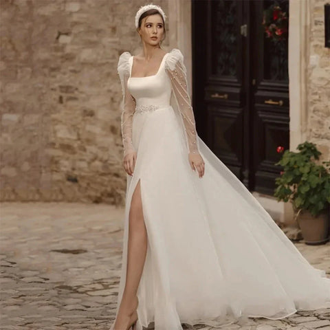 Simple Wedding Dresses A Line Long Illusion Sleeve Fuffy Tulle Ball Gowns Woman's Formal Bride Beach Party Vestidos Para Mujer