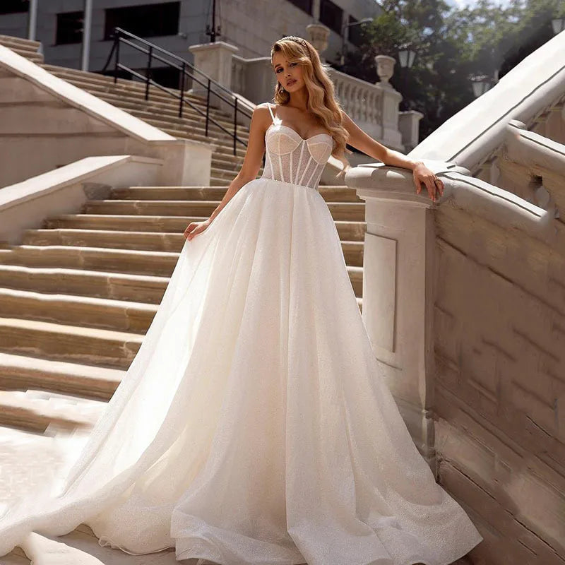 Simple Wedding Dresses With Shiny Tulle Sexy Spaghetti Straps Vestidos De Novia Custom-Made Vestido De Noiva