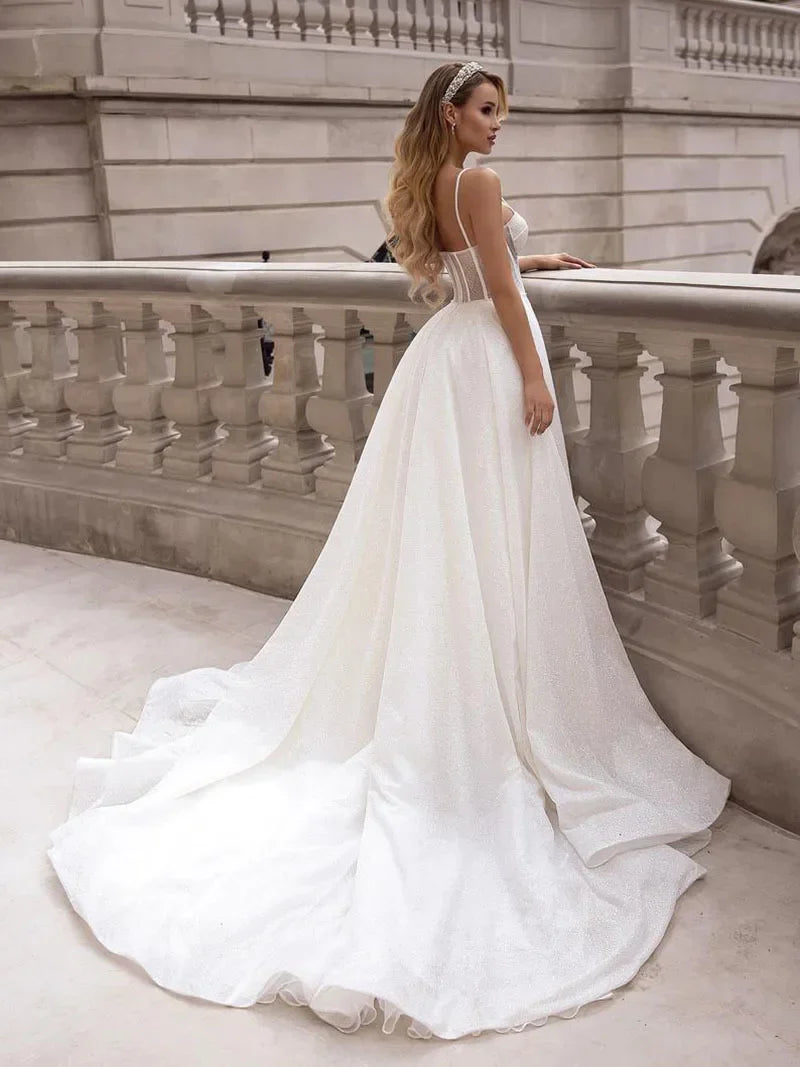 Simple Wedding Dresses With Shiny Tulle Sexy Spaghetti Straps Vestidos De Novia Custom-Made Vestido De Noiva