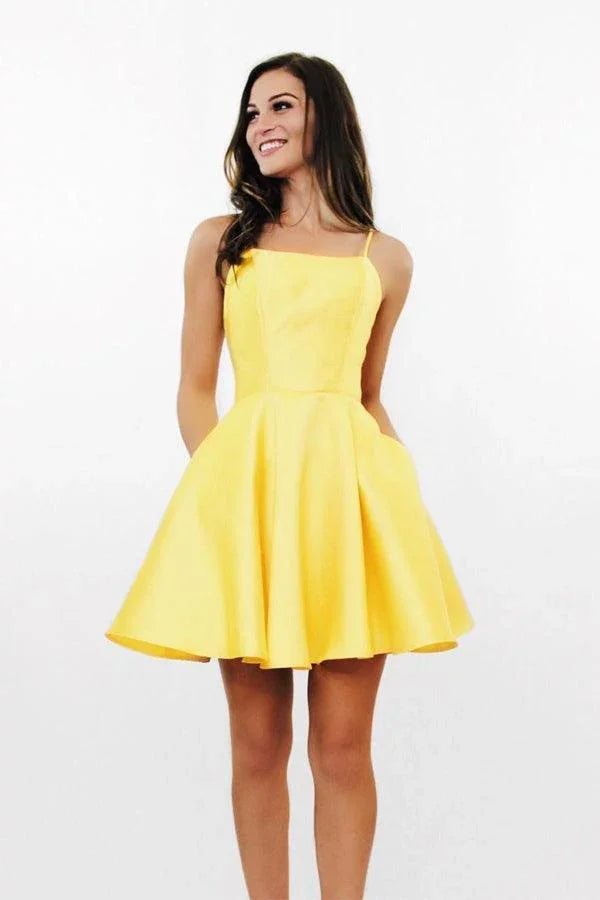 Vestido de fiesta corto amarillo con escote en A, espalda cruzada y bolsillos, PD280
