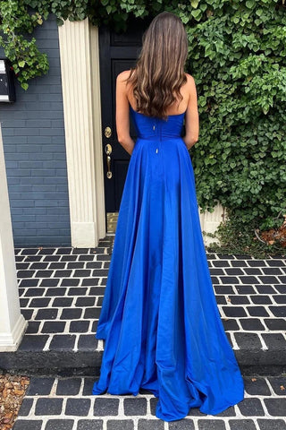 Schlichtes, langes Ballkleid in A-Linie mit tiefem V-Ausschnitt und Schlitz in Königsblau, PSK466
