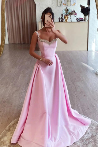 Vestido de fiesta largo de satén rosa con escote en A y cuentas (PSK562)
