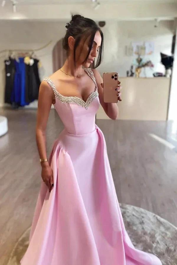 Simple A Line Pink Satin Long Prom Dresses with Beadings PSK562 by pgmdress