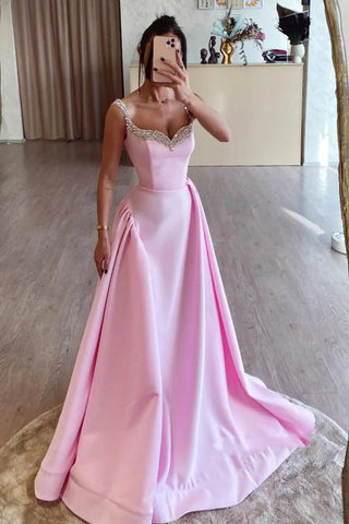 Vestido de fiesta largo de satén rosa con escote en A y cuentas (PSK562)