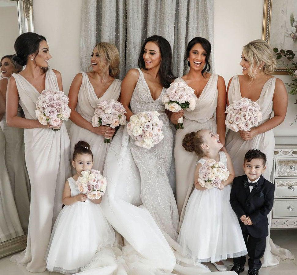 Simple Chiffon V-neck Sweep Train Pleated Bridesmaid Dresses With Slit  BD086