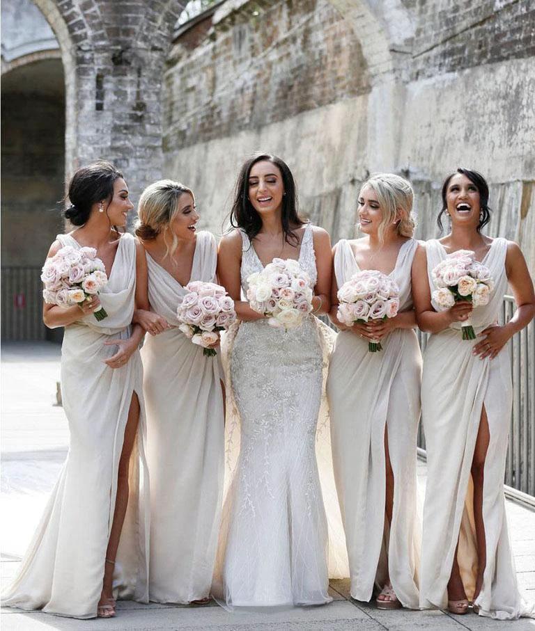 Simple Chiffon V-neck Sweep Train Pleated Bridesmaid Dresses With Slit BD086 by pgmdress