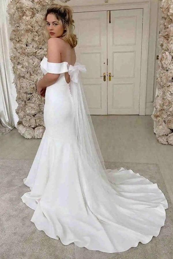 Simple Mermaid Off The Shoulder Ivory Satin Wedding Dress  WD605