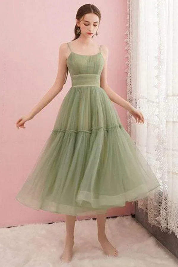 Simple Sage Green Tulle Round Neck Homecoming Graduation Dresses PD434