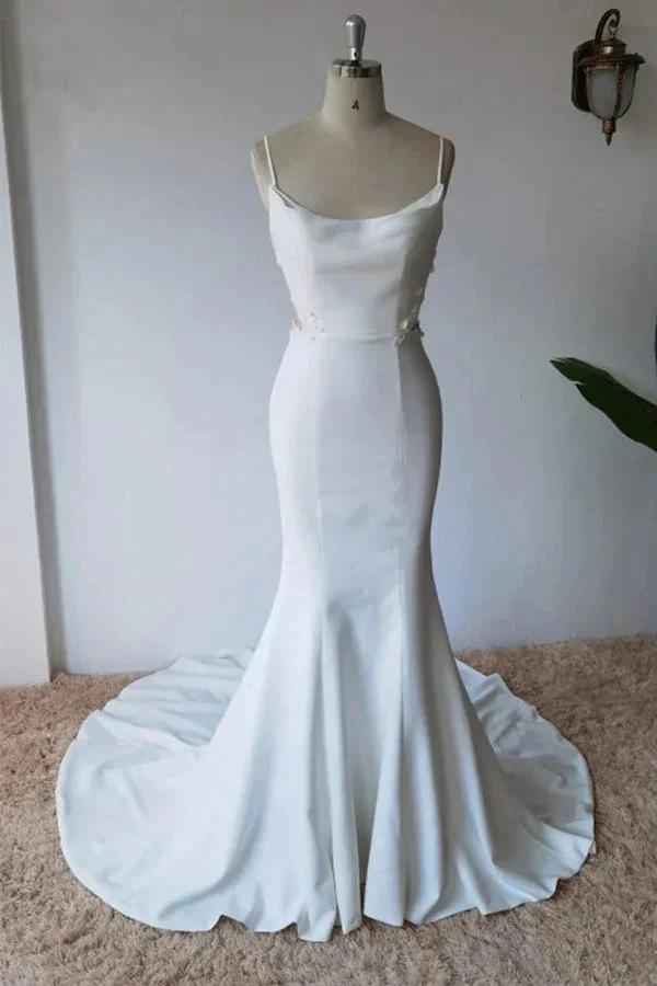 Simple Spaghetti Straps Satin Mermaid Modest Wedding Dress WD672 by pgmdress