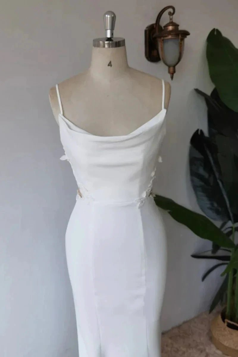 Simple Spaghetti Straps Satin Mermaid Modest Wedding Dress WD672 by pgmdress