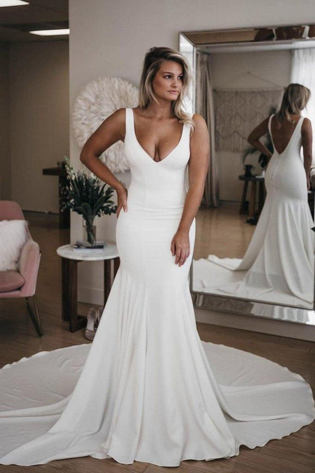 Simple V Neck Mermaid Beach Wedding Dress With Long Train WD575 Hover Image