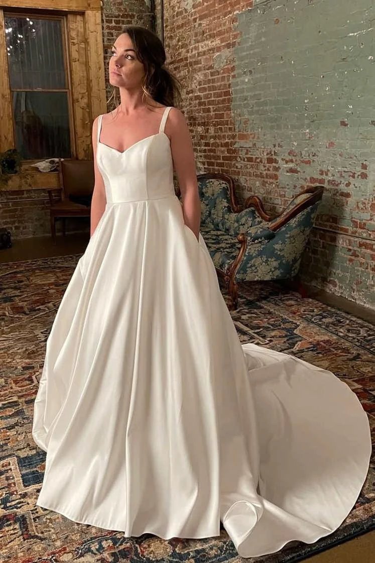 Simple Wide Straps Ivory Wedding Gown with Pockets WD633 by pgmdress