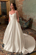 Simple Wide Straps Ivory Wedding Gown with Pockets WD633 by pgmdress
