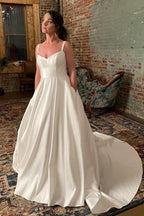 Simple Wide Straps Ivory Wedding Gown with Pockets WD633 by pgmdress