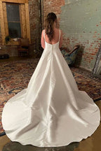 Simple Wide Straps Ivory Wedding Gown with Pockets WD633 by pgmdress