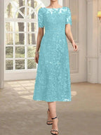 A-line Scoop Illusion Tea-Length Lace Mother of the Bride Dress With Sequins by Dreamylily