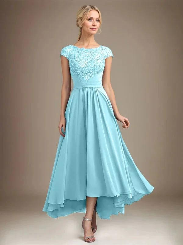 A-line Scoop Illusion Asymmetrical Lace Chiffon Mother of the Bride Dress With Pleated by Dreamylily