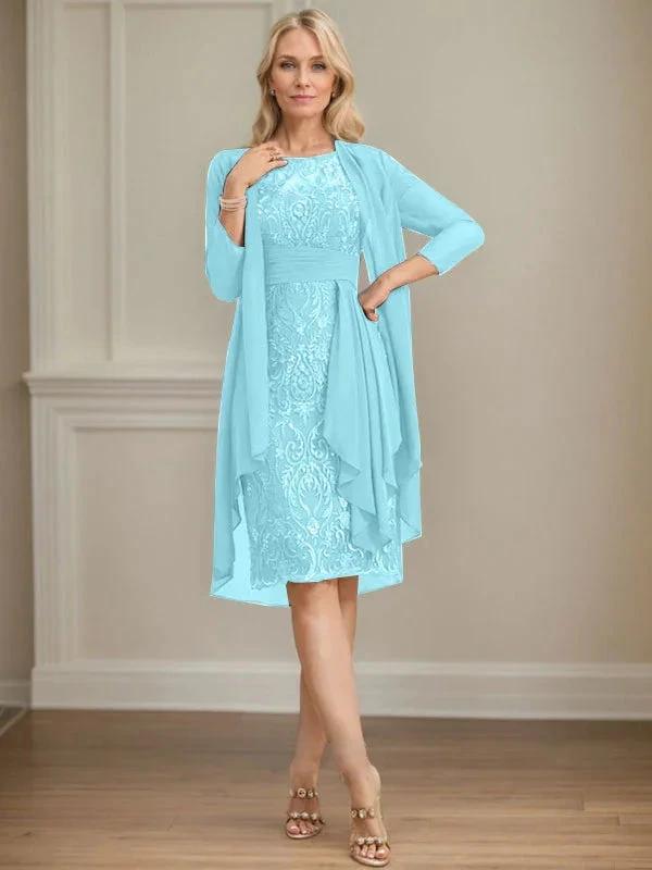 Sheath/Column Scoop Illusion Knee-Length Lace Chiffon Mother of the Bride Dress With Cascading Ruffles Sequins by Dreamylily