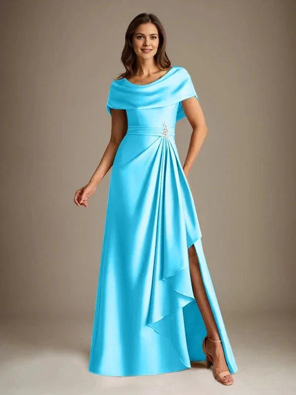 A-Line Scoop Floor-Length Stretch Satin Mother of the Bride Dress With Cascading Ruffles by Dreamylily