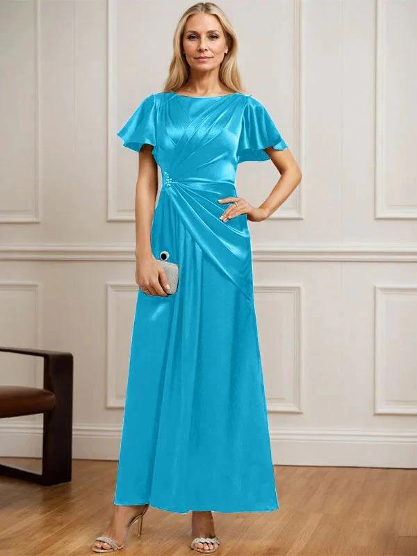 A-line Scoop Ankle-Length Stretch Satin Mother of the Bride Dress With Pleated Beading by Dreamylily