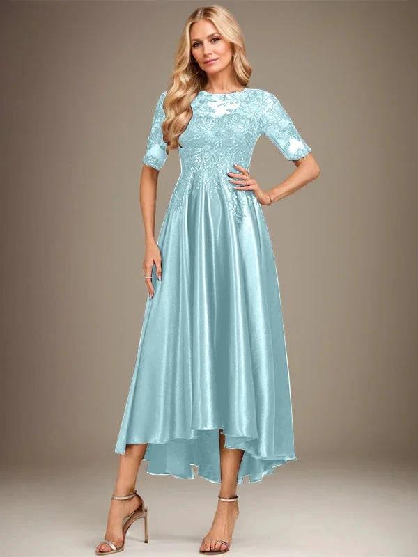 A-line Scoop Illusion Asymmetrical Stretch Satin Lace Mother of the Bride Dress With Sequins by Dreamylily