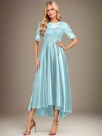 A-line Scoop Illusion Asymmetrical Stretch Satin Lace Mother of the Bride Dress With Sequins by Dreamylily