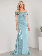 A-Line Off the Shoulder Floor-Length Mother of the Bride Dress Applique Beadings Mermaid Dress With High Split by Dreamylily